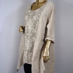 Linen, flax, washed, tunic, lagenlook, beige, plus size, tunic, shabby chic tunic, hankie hem, layered look, tunic, linen top, shirt. XS-5XL