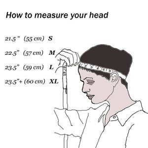 May include: Illustration showing how to measure head circumference. The text reads "How to measure your head" with size measurements: 21.5" (55 cm) S, 22.5" (57 cm) M, 23.5" (59 cm) L, and 23.5"+ (60 cm) XL. A person is shown with a measuring tape.