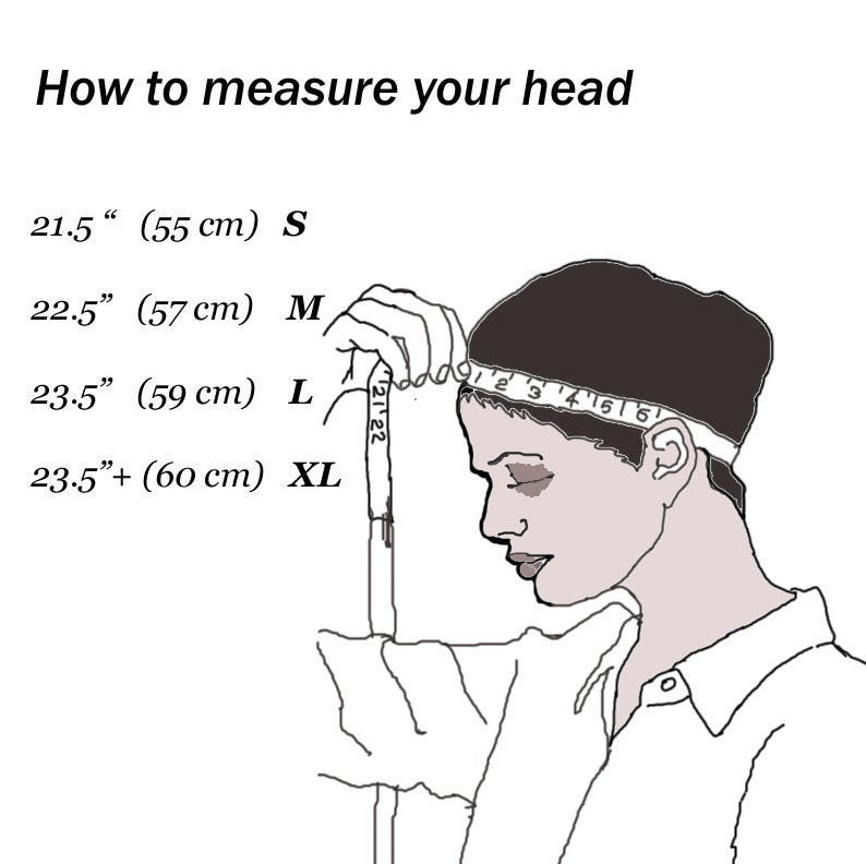 May include: Illustration showing how to measure head circumference. The text reads "How to measure your head" with size measurements: 21.5" (55 cm) S, 22.5" (57 cm) M, 23.5" (59 cm) L, and 23.5"+ (60 cm) XL. A person is shown with a measuring tape.