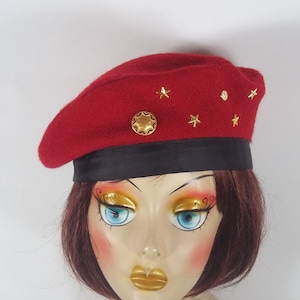 Wool, beret, red, studded, designer, fashion, beret, French, military, beret, winter, gold  button, beret, women, ladies, beret, hat.  S,M,L