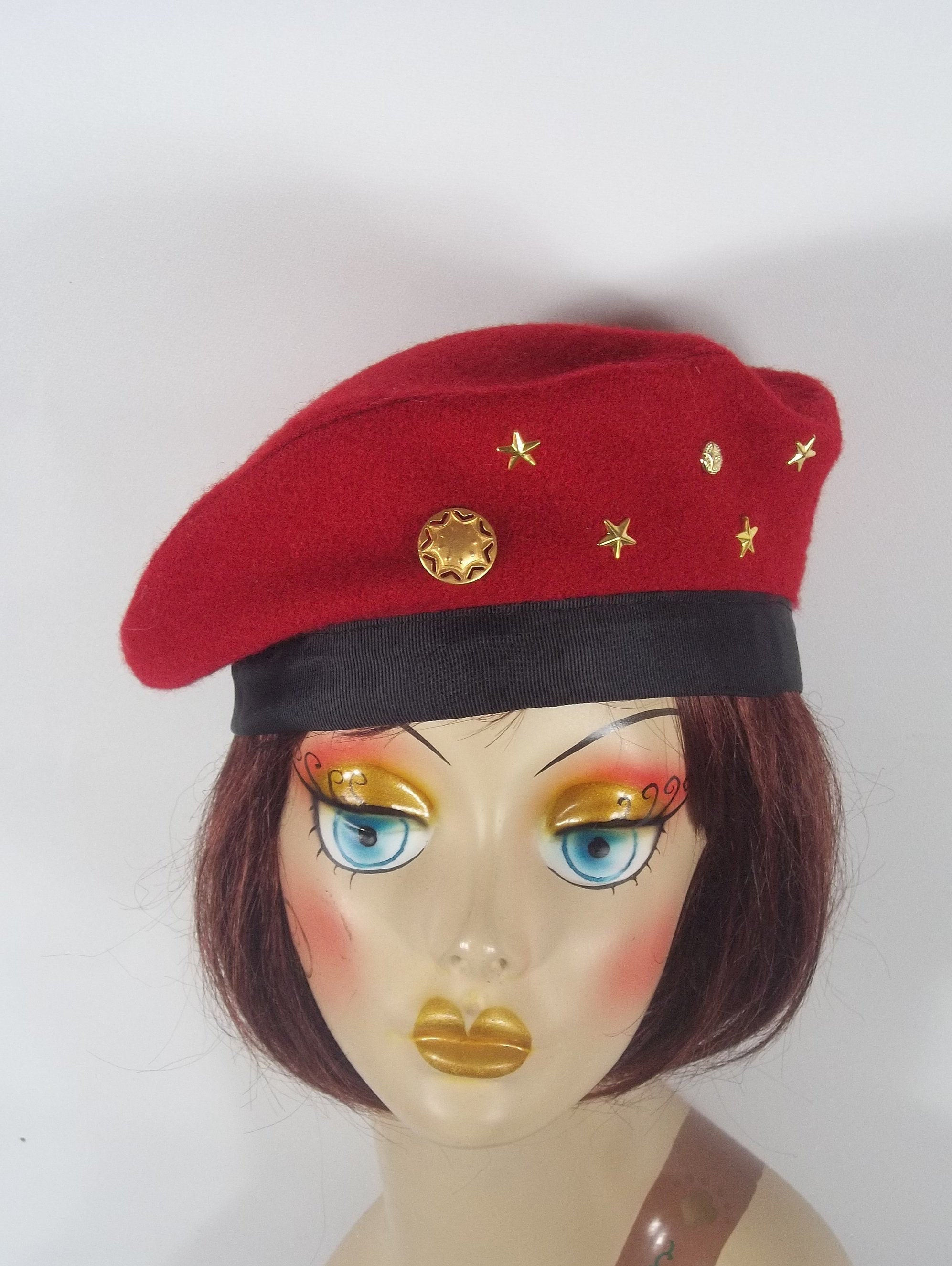 Wool Beret Red Studded Designer Fashion 