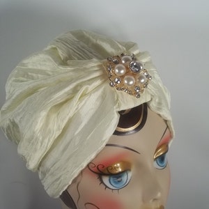 Tafetá enrugado, turbante da moda, chapéu, creme, casamento, noiva, turbante, designer, turbante, mulheres, senhoras, turbante, gorro, envoltório de cabeça. P, M, G, GG