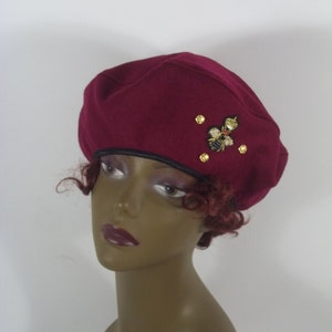 Wool, burgundy, beret, hat, crowned bee, metal rivets, fashion, designer, women, ladies, beret, French beret, winter, fall, beret, hat.