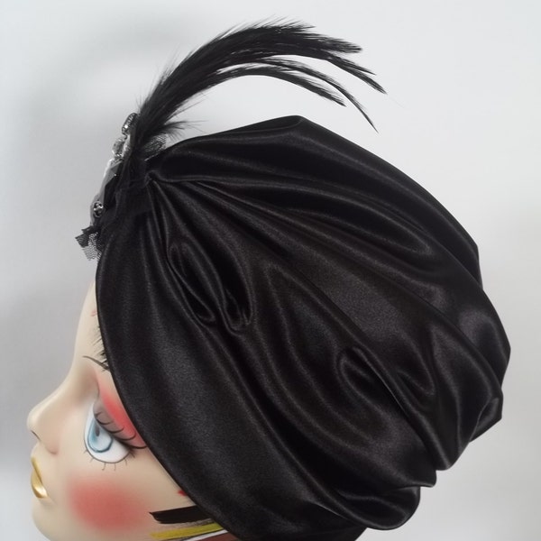 Silky satin, turban, hat, black, dressy, 1920's, turban, designer, feather, turban, flapper, women, ladies, turban, head wrap. S,M,L,XL