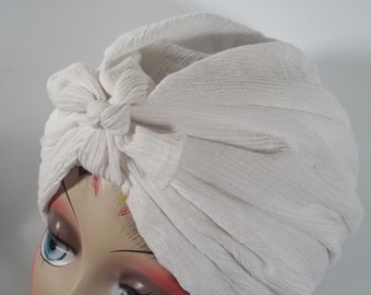 Cotton, crinkled gauze, white, turban, hat, chemo, alopecia, turban, head wrap, ladies, women, turban, bow turban, bonnet, cap.   S,M,L,XL