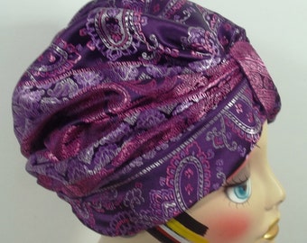 Poly, brocade, fashion, turban, hat, paisleys, purple, dressy, turban, chemo, alopecia, women, ladies, turban, bonnet, wrap, cap. size  M