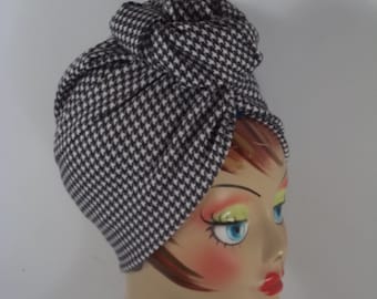 Poly stretch knit, black, white, houndstooth, fashion, turban, hat, knot, designer, turban, women, ladies, alopecia, turban, head wrap. S-XL