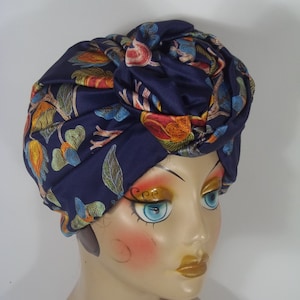 Silky poly, fashion, turban, hat, blue, orange, turban, designer, top knot, turban, chemo, alopecia, turban, bonnet, wrap.  size L
