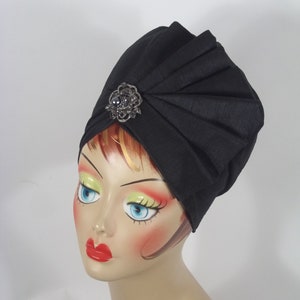 Faux zijde, lang, hoog, tulband, dressy, zwart, mode, tulband, kerkhoed, vrouwen, dames, tulband, alopecia, tulband, motorkap, hrad wrap.  SL