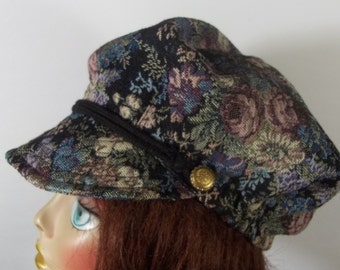 newsboy women cap, tapestry, fashion, hat, floral, black, baker boy, applejack, hat, cabbie, fisherman, hats, caps S-XL