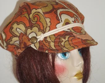 newsboy cap, tapestry, women's, fashion, hat, orange, paisleys, lined, news boy, applejack, hat, cabbie, caps S-XL