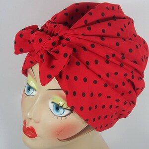 Silky poly, fashion, turban, hat, red, black, polka dot, turban, bow turban,  women, ladies, chemo, alopecia, turban, bonnet, cap. S,M,L,XL