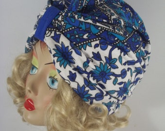 Cotton, turban, hat, turquoise, blue, ethnic, elephant, paisleys, print. Lined, summer, alopecia, chemo, turban, hat, cap.  S - XL