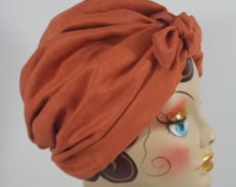 Faux suede, fashion, turban, hat, salmon, orange, fall, bow, turban, women, ladies, turban, chemo, alopecia, turban, bonnet, wrap.  S,M,L,XL