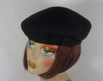 Straw beret, black, bow beret, French beret, straw hat, women beret, ladies beret, straw head wear, summer beret, bow  beret. S, M, L