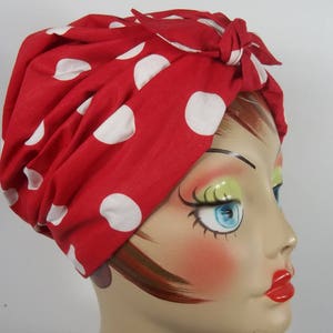 Cotton poly, fashion, turban, hat, red, polka dot, rockabilly, bow, turban, chemo, alopecia, turban, women, ladies, bonnet, wrap. S,M,L,XL