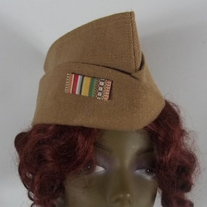 1940s style, garrison cap,  cotton canvas, beige brown, military hat, side cap, wedge cap, pilot  cap, overseas cap, brooch.  S -XL