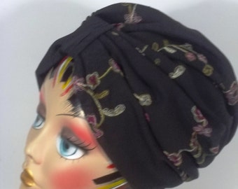 Poli sedoso, moda, turbante, sombrero, negro, bordado, turbante, mujer, damas, turbante, quimioterapia, alopecia, turbante, envoltura para la cabeza, capó, gorra. S - XL