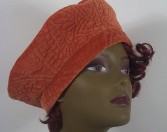 Velvet quilted, beret, rust orange, beret, hat, fashion beret, designer beret, women beret, ladies beret, French beret, winter beret.S, M, L