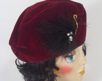 Velvet, beret, hat, burgundy, French beret, dressy, black swan brooch, women, ladies, beret, lined, fashion, beret, hat. cap.  S, M, L, XL