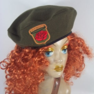 Wool, army green, beret, hat, fashion, rose applique,  military, designer, women, ladies, beret, French beret, winter, fall, beret, hat