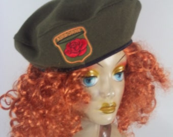 Lana, verde militar, boina, sombrero, moda, aplique de rosa, militar, diseñador, mujer, damas, boina, boina francesa, invierno, otoño, boina, sombrero