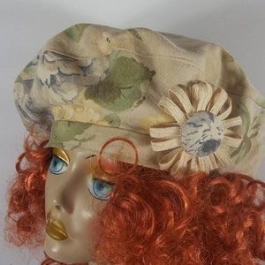 Cotton, beret, beige, blue, green, shabby chic, floppy beret, hat, floral print, brooch, women&#39;s, ladies, summer, beret, cotton lined   S-XL