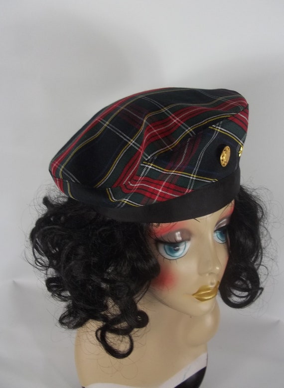 Poly, Tartan Plaid, Black, Red, Beret, Gold Buttons, Designer