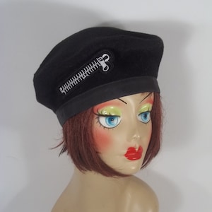 Wool, black, beret, designer, fashion, military, beret,  zipper applique, vintage, women, ladies, beret, winter, fall, beret, hat. S,M, L
