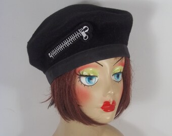 Lana, negra, boina, diseñador, moda, militar, boina, aplique de cremallera, vintage, mujer, señoras, boina, invierno, otoño, boina, sombrero. S, M, L