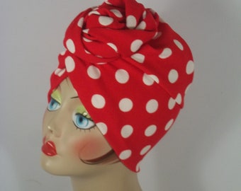 Poly stretch knit, fashion, turban, hat, polka dot, 1950's turban, top knot, alopecia, women, ladies, turban, head wrap,  bonnet, cap. S -XL