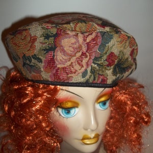 Tapestry, beret, multi color, Boho, vintage look, beige, floral, hat, fashion, designer, women, ladies, French  beret, all seasons, cap.