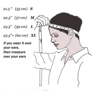 May include: Diagram showing how to measure your head for a hat. A person is shown using a measuring tape to measure the circumference of their head. The diagram includes a size chart with measurements in inches and centimetres, and corresponding sizes: S, M, L, and XL.