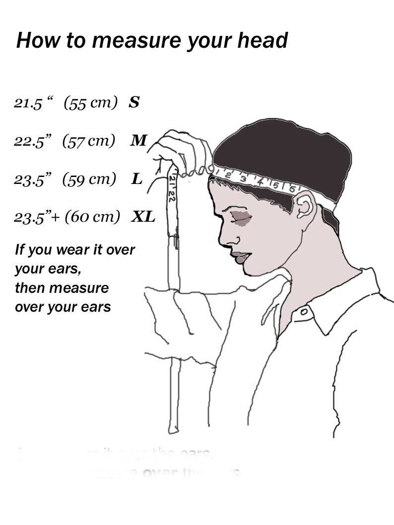 May include: Diagram showing how to measure your head for a hat. A person is shown using a measuring tape to measure the circumference of their head. The diagram includes a size chart with measurements in inches and centimetres, and corresponding sizes: S, M, L, and XL.