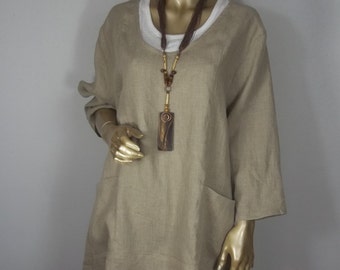 Linen, flax, lagenlook, tunic, beige/taupe, shabby chic, layered look,  plus size, tunic, women, ladies, tunic, linen, top, shirt.  XS-5XL