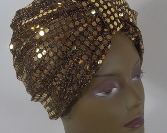 Sequined, gold, fashion, turban, hat, dressy, turban, women, ladies, turban, chemo, alopecia, turban, bonnet, head wrap, cap.  S,M,L,XL