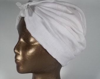 Linen, flax, fashion, turban, hat, white, bow, turban, chemo, alopecia, turban, women, ladies, turban, bonnet, head wrap, cap.  S,M,L,XL