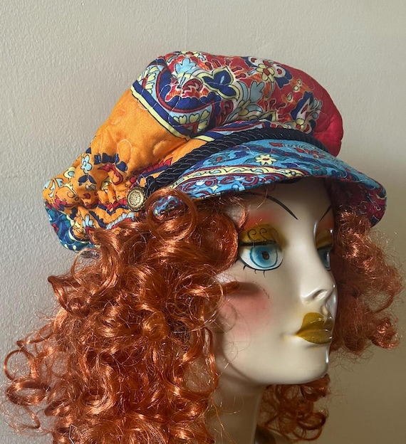 newsboy cap, quilted, patchwork, cotton-poly, women's, fashion, hat, floral, orange, blue, turquoise, news boy, cabbie, caps, S-M,  L-XL