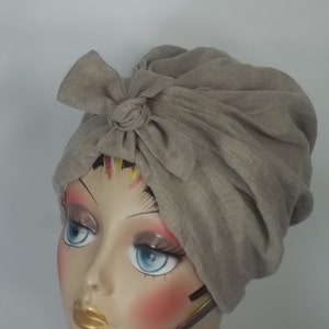 Linen, fashion, turban, hat, beige, bow, turban, alopecia, chemo, turban, head wrap, ladies, women, turban, head wrap, bonnet, cap. S,M,L,XL