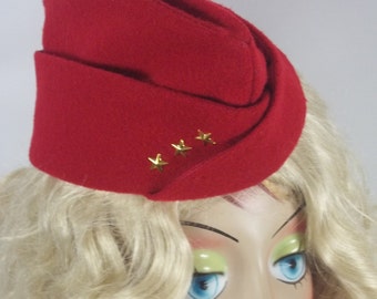 Wool, 1940s, garrison cap, hat, red, military hat, side cap, wedge cap, flight cap, designer hat, pilot cap, women&#39;s hat, men&#39;s hat.  S,M,L