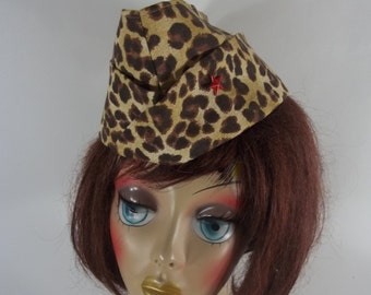 Cotton, 1940's, lined, military, cap, leopard print, garrison, cap, side, wedge, overseas, pilot, flight, cap, ladies, women's, hat. S,M,L