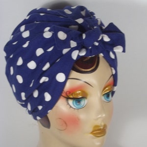 Cotton, fashion, turban, hat, navy blue, polka dot, bow, turban, rockabilly, women, ladies, chemo, alopecia, turban, scrub hat, cap S,M,L,XL