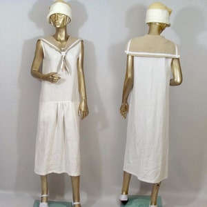 Linen, 1920&#39;s, sailor dress, flapper dress, white dress, maxi, midi, retro dress, linen sundress, plus size dress, women, ladies, dresses