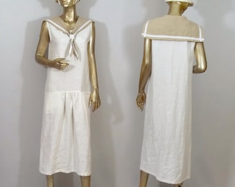 Linen, 1920's, sailor dress, flapper dress, white dress, maxi, midi, retro dress, linen sundress, plus size dress, women, ladies, dresses