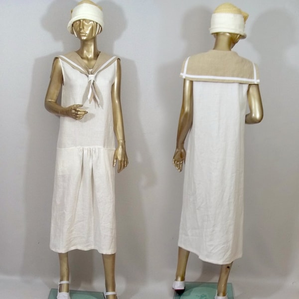 Lin, années 1920, robe marin, robe à clapet, robe blanche, maxi, midi, robe rétro, robe d'été en lin, robe taille plus, femmes, dames, robes