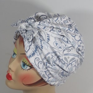 Cotton, turban, hat, blue, white, bow, turban, chemo, alopecia, turban, women, ladies, turban, bonnet, head wrap, scrub hat, cap. S,M,L,XL