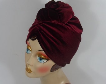 Stretch velvet, burgundy, fashion, knot, turban, 1950's turban, dressy turban, alopecia turban,  women, ladies, turban, bonnet, wrap. L/ XL