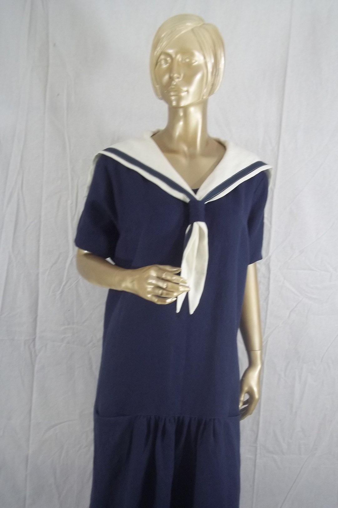 chinese dress ladies 1920s sailor dress in navy and pure white cotton  LaVieDelight