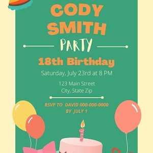 Birthday Party Invitation Instant Download Editable Balloons Cake