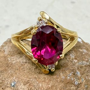 Vintage 1990s Gold Electroplate Ruby CZ Cocktail Ring, Size 6